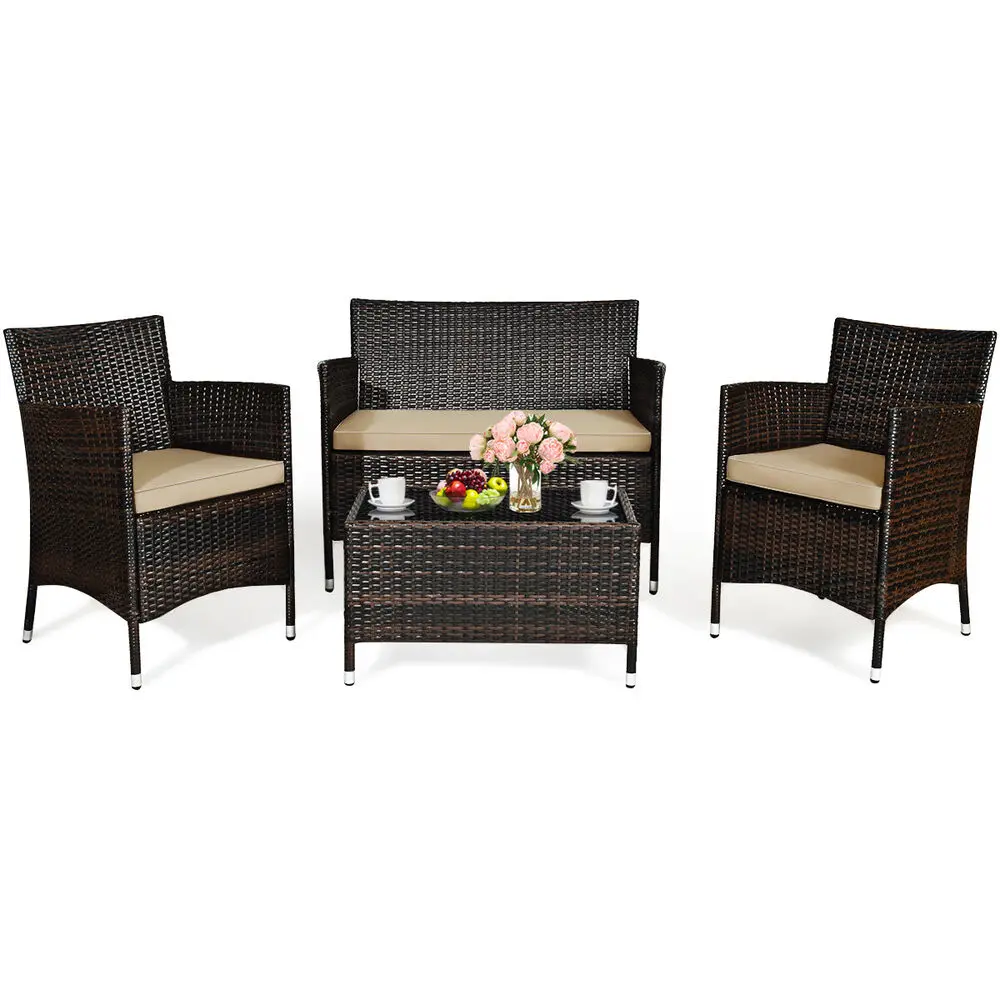 4 Pieces Rattan Patio Furniture Set Cushioned Sofa Chair Coffee Table for Garden
