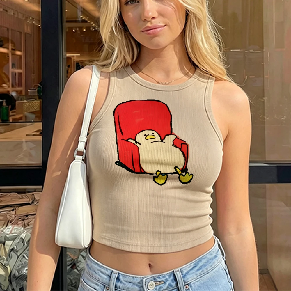 Women Y2K Lazy Duck Cartoon Graphic Ribbed Crop Tank Top Cute Animal Print Cropped Cami Vest Teen Girls Aesthetic Streetwear