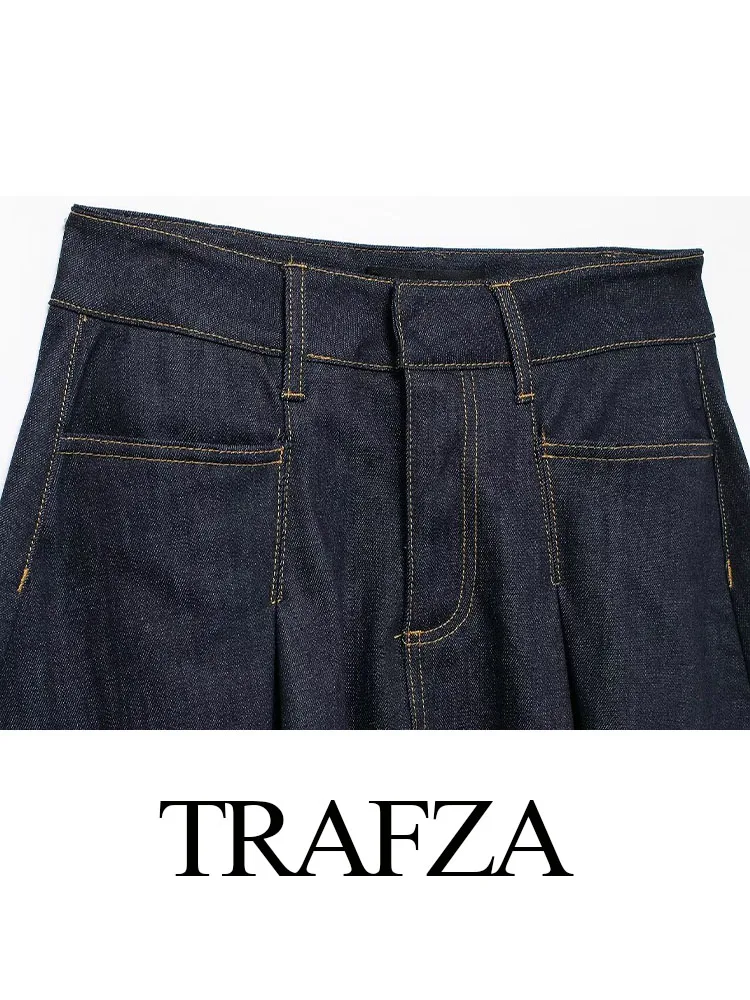 Travza rok Denim wanita, rok Denim berlipat ritsleting pinggang tinggi, jaket leher O Single-breasted, dekorasi saku elegan musim gugur