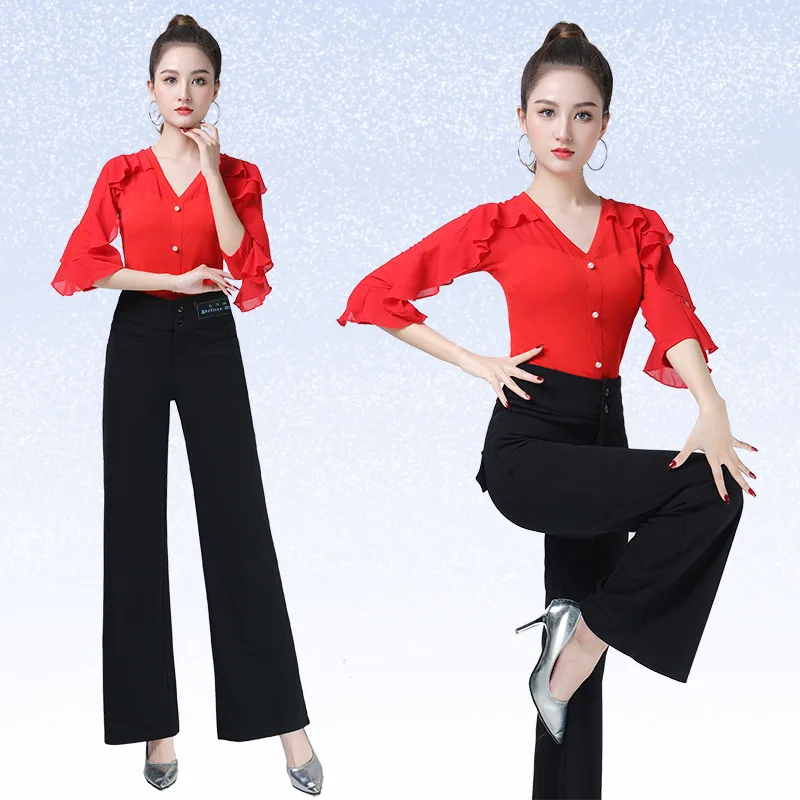 Women Latin Dance Pants Long/Short sleeved Balloom Modern Dancewear Top for Stage Performance Outfit Matching Customized