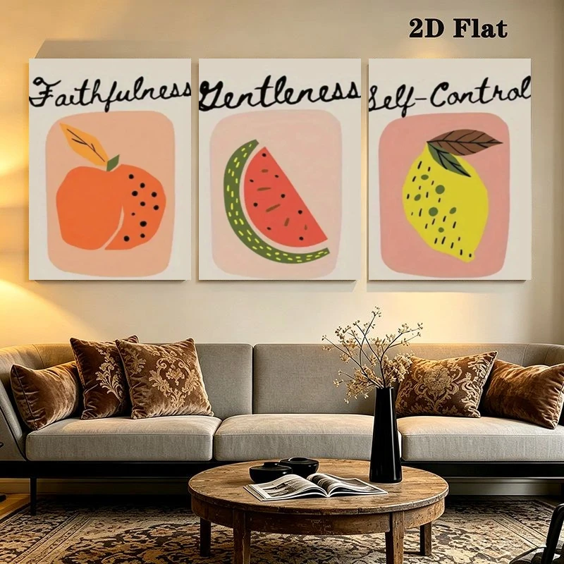 2D Flat, 2D Flat, 3pcs Modern Farmhouse Fruit Orange Watermelon Lemon Wall Art Home Decor Print Poster Frameless Living Room