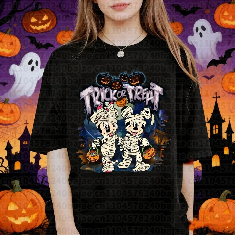 2025 الصيف هالوين ميكي ماوس الإبداعية 100% القطن تي شيرت مطبوع جديد ديزني السيدات حجم كبير بلوزة فضفاضة غير رسمية متعددة الاستخدامات