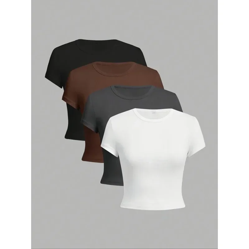 

Plus Size 1XL-5XL New Women's Solid Color Round Neck Comfortable Short Sleeved T-shirt Four Piece Set