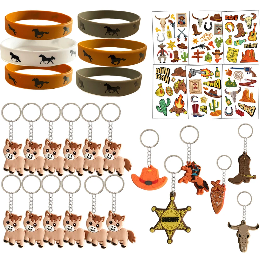 Horse Birthday Party Favor Keychain Stickers Wristbands Rubber Bracelets Horse Goodie Bags Cowboy Cowgirl Decoration