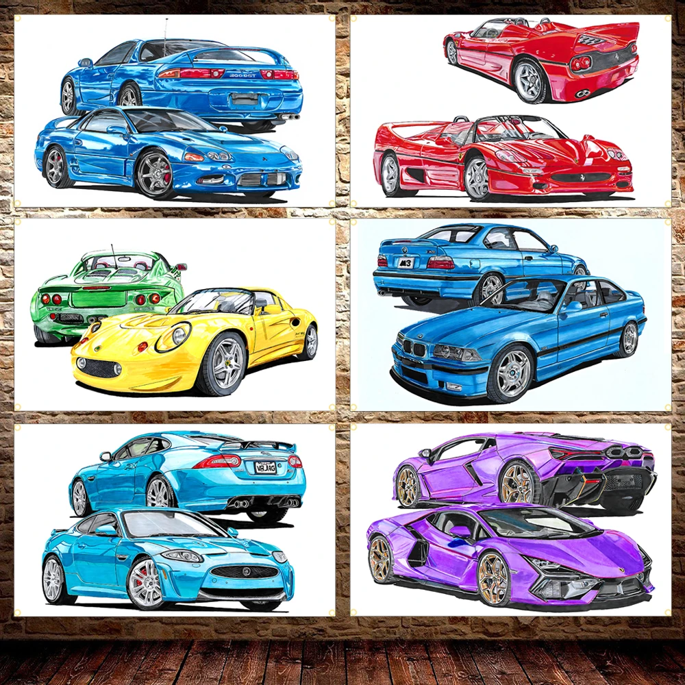 60x90cm 90x150cm High-performance Sports Car Flag Polyester Car Poster Decor Tapestry - Racing Theme Home Decor
