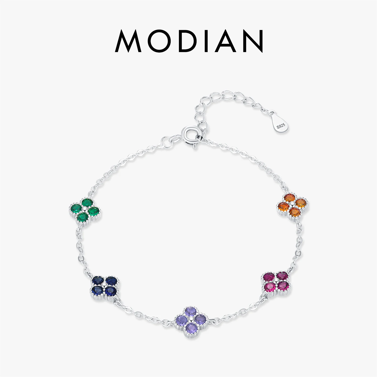 

MODIAN 925 Sterling Silver Sweet Rainbow Color CZ Lucky Four Leaf Clover Charms Bracelet For Women Fine Jewelry