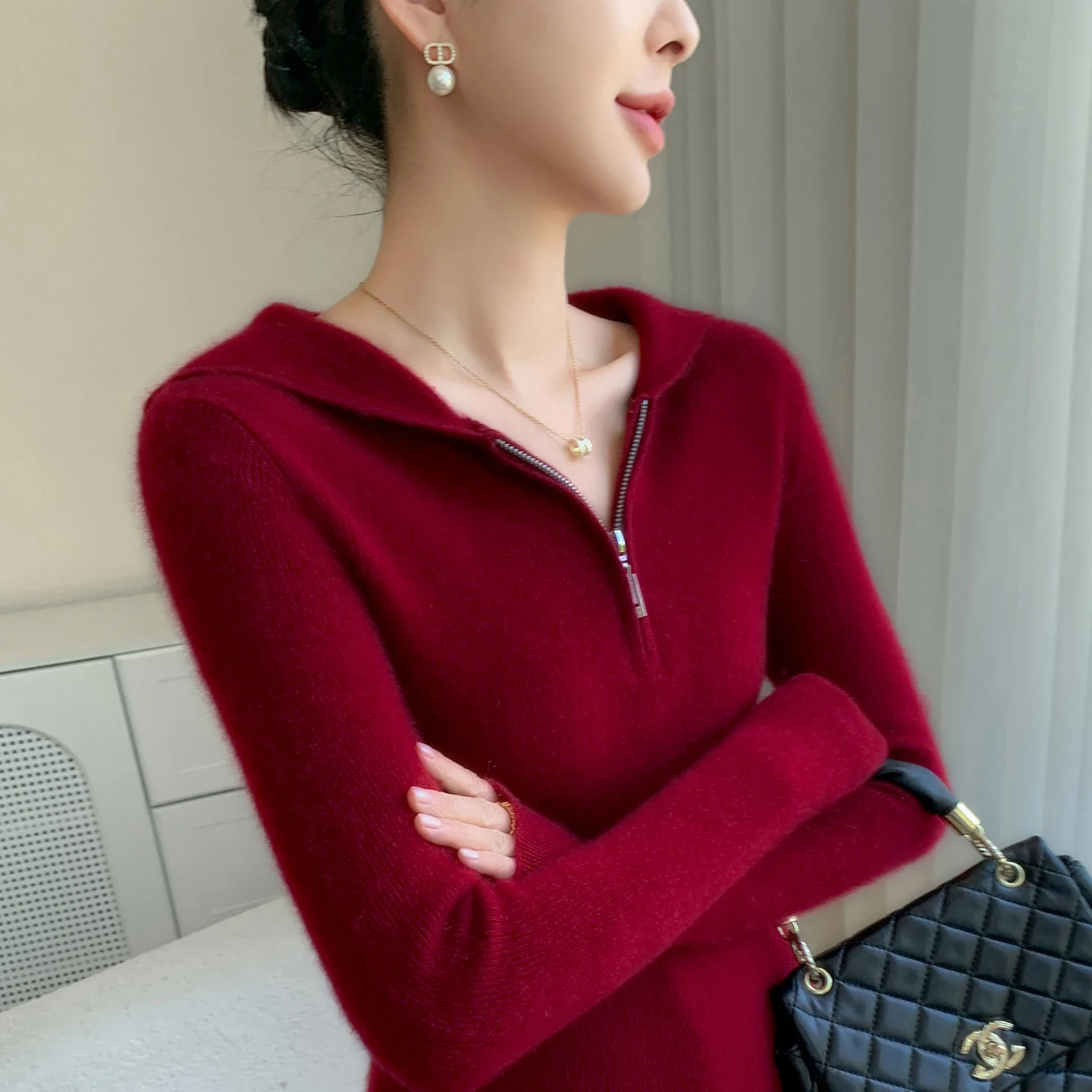 بلوفر نسائي 100% من الكشمير الخالص بنصف سحاب مفتوح سترة محبوكة بلون سادة غير رسمية بقصة ضيقة وياقة بقلنسوة سترة دافئة