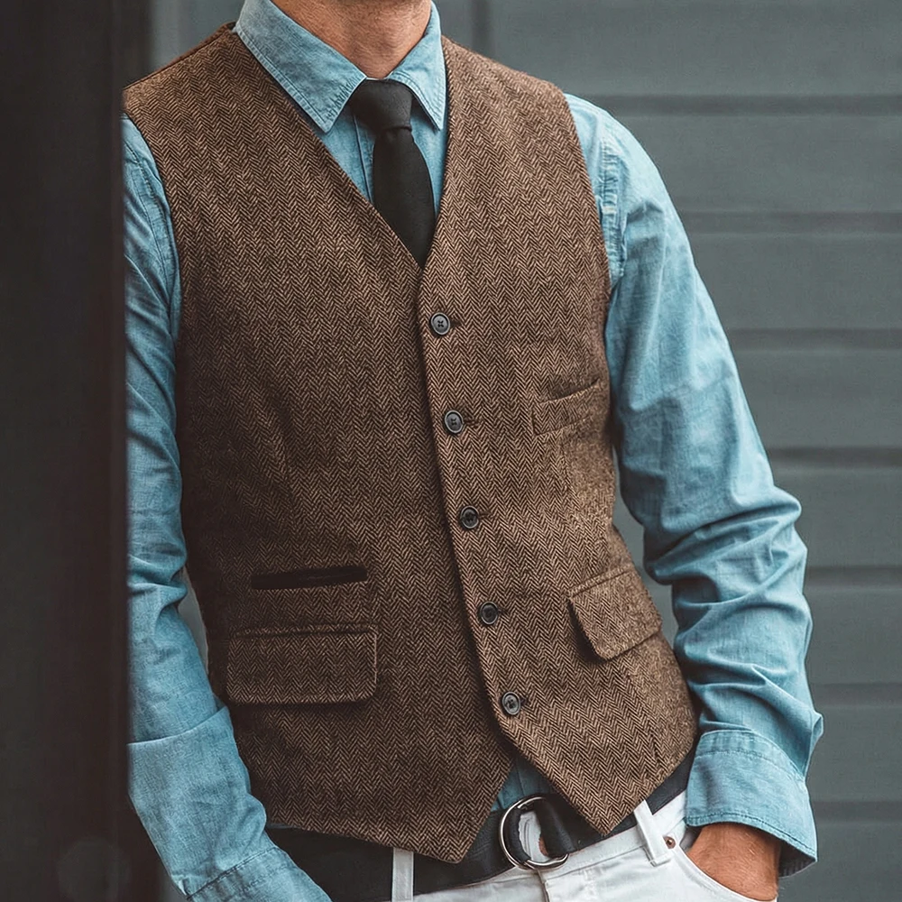 IN STOCK Herringbone Mens' Vest Tweed Wool Real Pocket Men's Business Single Breasted  Waistcoat