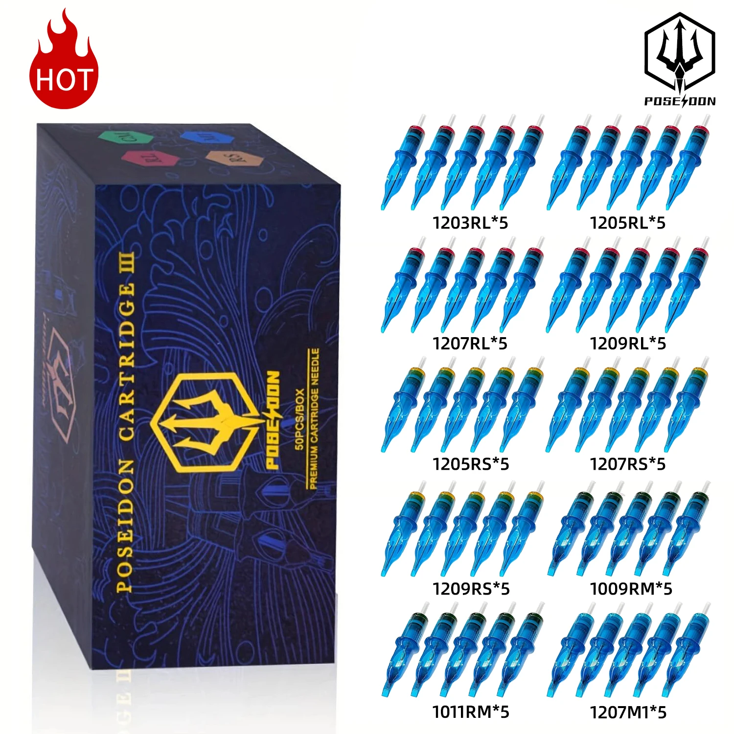 POSEIDON 50PCS Mixed Professional Tattoo Cartridge Needles with Membrane Safety Cartridges Disposable Tattoo Needle