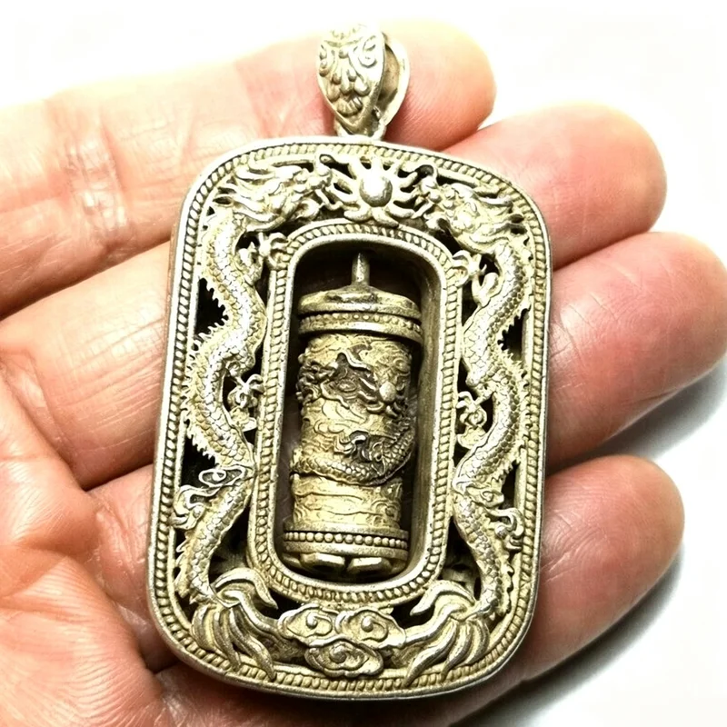 Collection Chinese Tibet Silver Dragon Statue Amulet Retro Relief Loong Totem Square Sculpture Decor Gift
