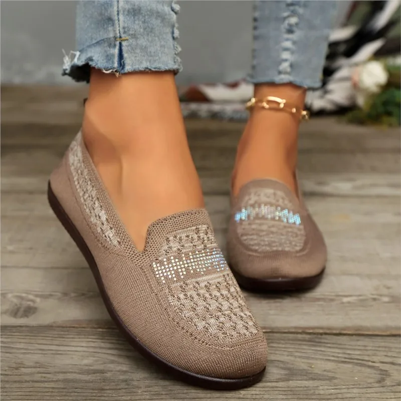 2024 Mesh Ballet Flats Women Square Toe Daily Loafers Breathable Flats Driving Sneakers Boat Shoes Flats Rhinestone Mommy Shoes