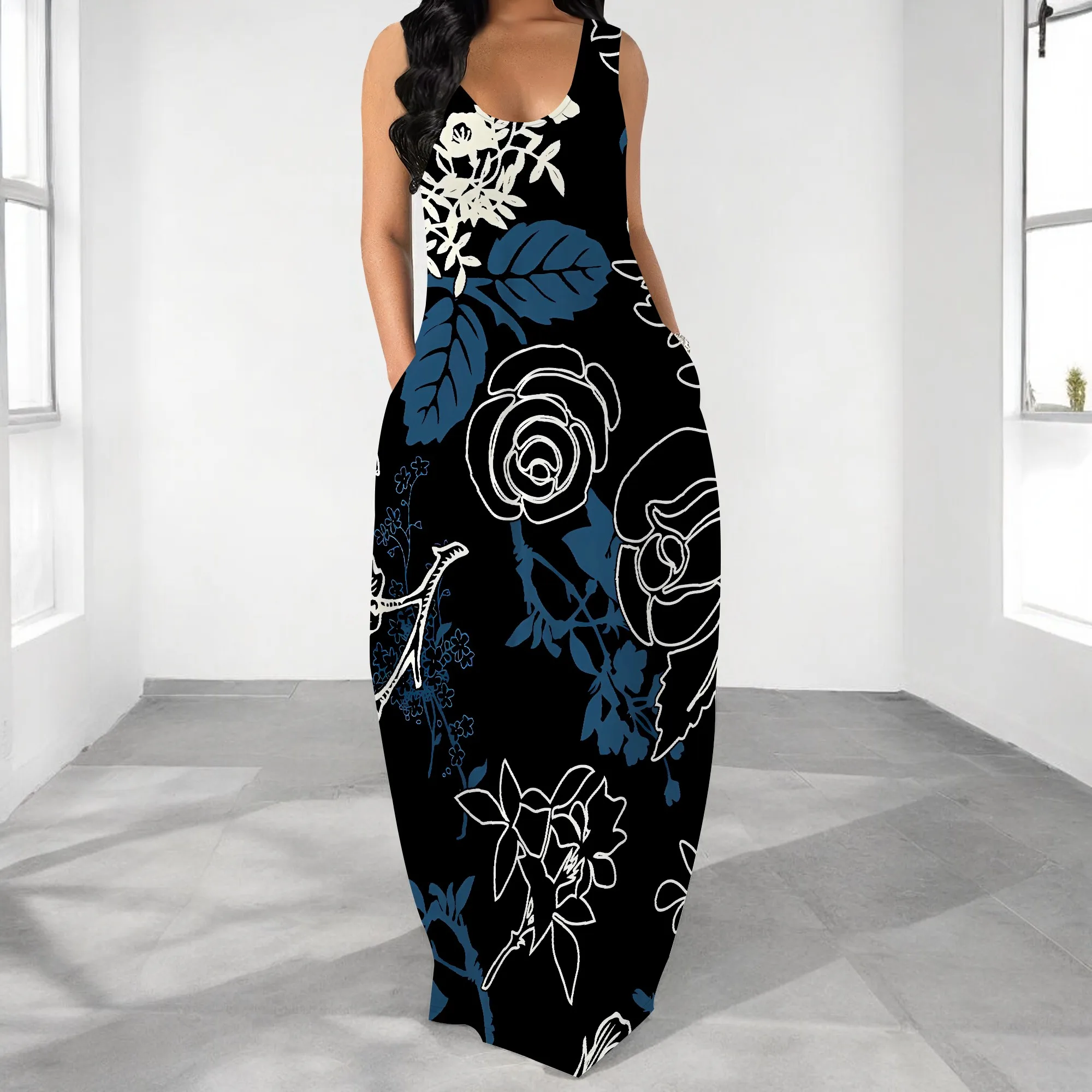 

Nupusa Rose Print Dress for Women Standard Size Summer Casual Sleeveless Maxi Dress with Pockets