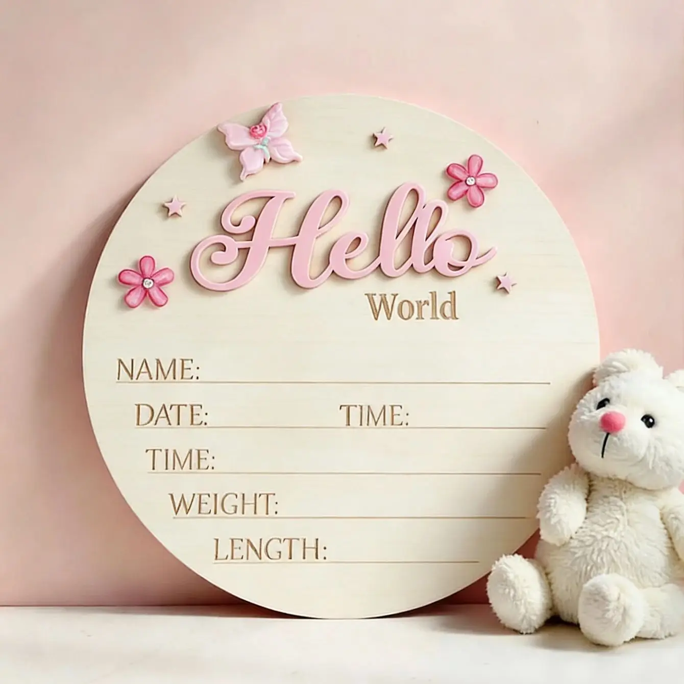 

Ylsteed Pink Butterfly Hello World Newborn Name Sign Little Flower Star Deco Baby Birth Announcement Newborn Girl Photo Props-HD