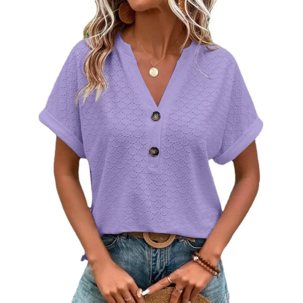 

Women's Casual Solid Color V-Neck T-Shirt Button Detail Spring Summer Fashion Top European And -Inspired Design