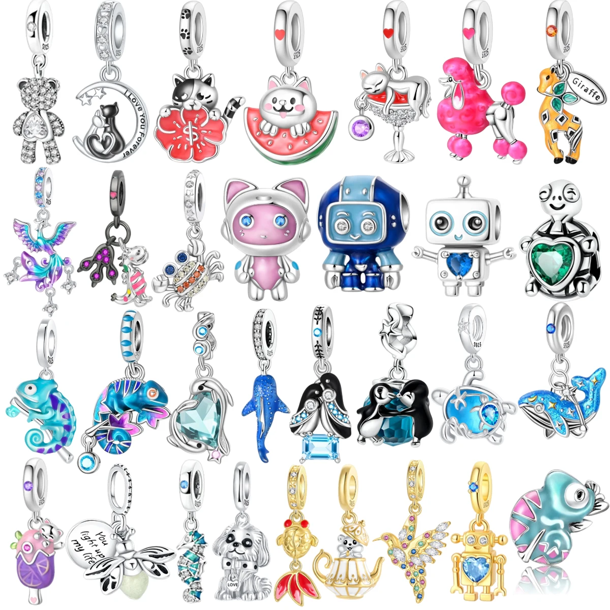 

Original 925 Sterling Silver Penguin Whale Chameleon Pendant Robot Plant Bead Decoration fit Necklaces Bracelets Jewelry Gifts