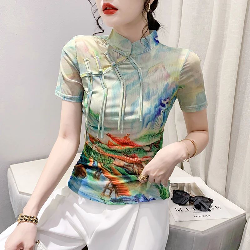 

2023 Summer New Line Standing Neck Short Sleeve Printed T-shirt Women's Underlay Tassel Vintage Top Ropa Mujer Free Shipping топ