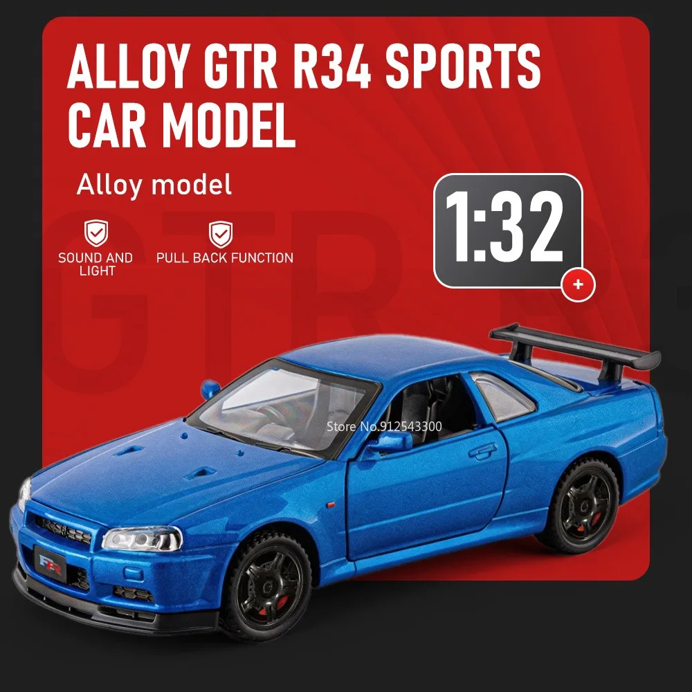 1:32 Scale GTR R34 R35 Car Model Toy Doors Opened Sound Light Supercar Pull Back Alloy Diecast Vehicle for Boyfriend Presents