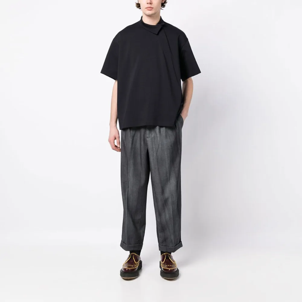 Japanese Fashion KOLOR Black Wrapped Collar T-shirt with Center Opening Shirt for Men