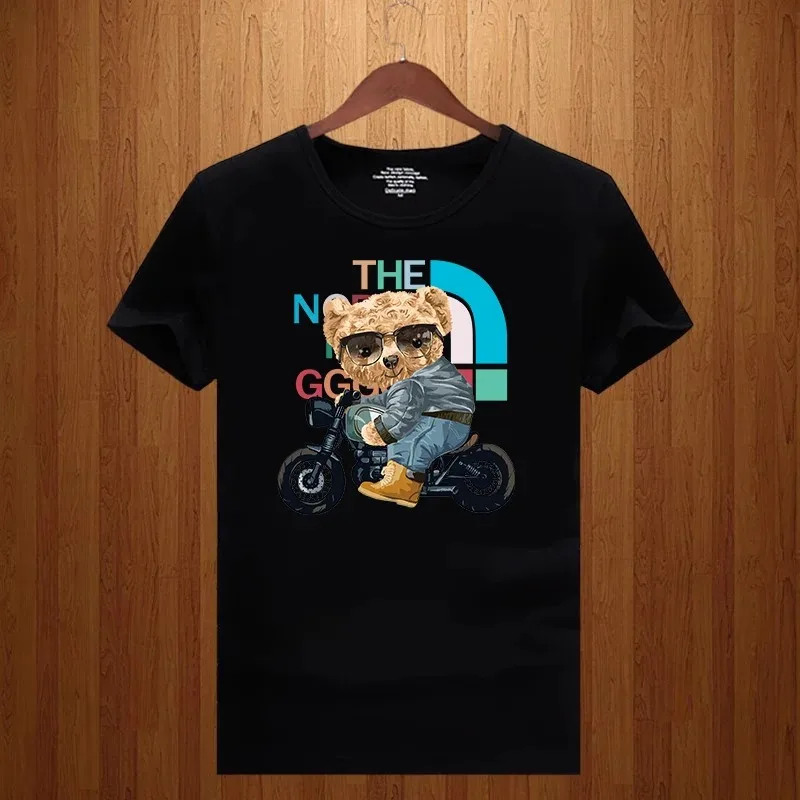 Fashion Trend Moto Bear Printed T-shirt For Men Harajuku Short-Sleeved White Top T Shirt Casual Streetwear Men's Clothing Tshirt