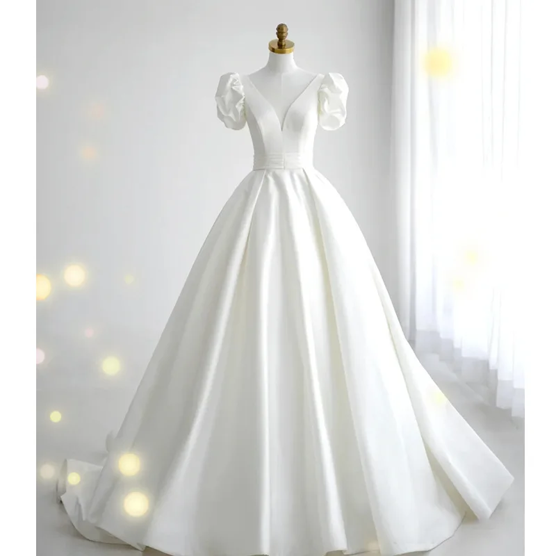 

Customized White Ball Gown Women Wedding Dresses V Neck Satin Bridal Gowns Formal Occasion robe de mariée