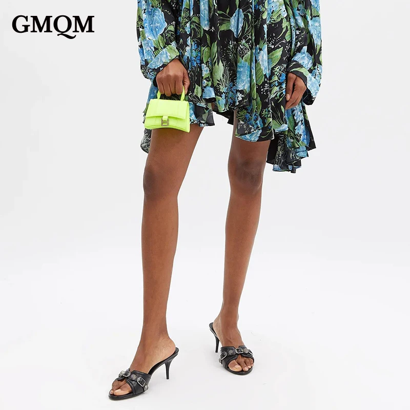 GMQM Brand Trendy Fashion Womenโs High Heels Luxury Summer Slippers Metal Decoration Sandals For Ladies Sexy Office Lady Shoes
