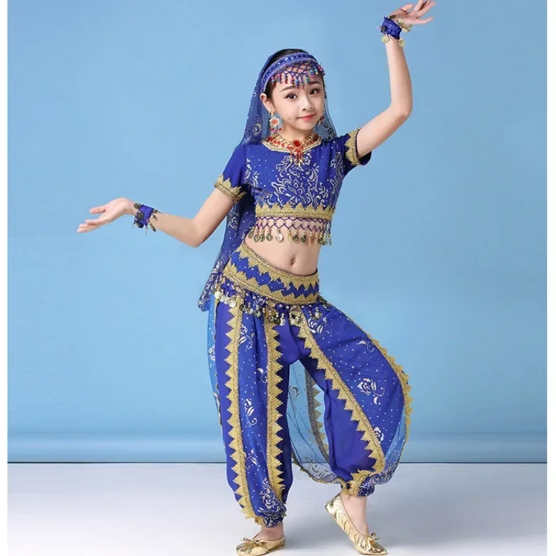 Zestaw strojów do tańca brzucha dla dzieci, strój do występów, Bollywood, Egipski taniec, taniec indyjski, szyfon, 4 kolory, korona, spodnie, zestaw dla dziewczynek