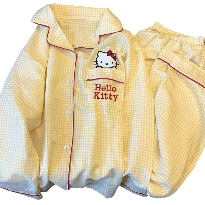 In stock: Hello Kitty Spring/Summer Pajama Women\'s cardigan Set Cartoon Imitation Cotton Milk Silk 3-Piece Home Clothes cute