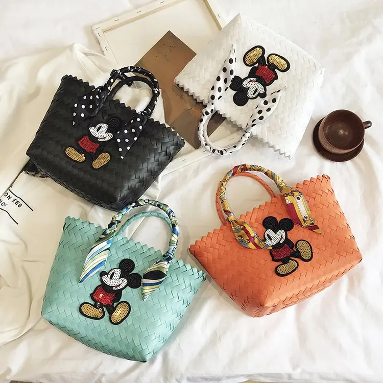 Handmade Straw Woven Bag Mickey Cartoon Square Handbag Casual New Designer Brand Female One Shoulder Bags Outdoor Vacation Bags