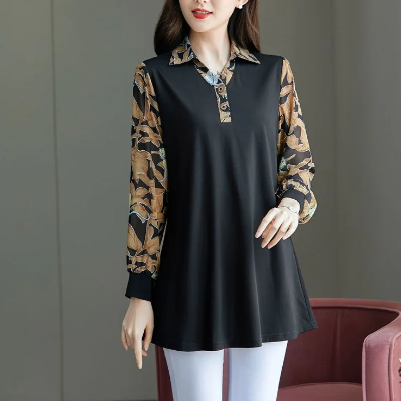 Autumn and Winter Oversize Versatile Commuting Women's Clothing Splice Button Printed POLO Collar Long Sleeve Pullover Shirt