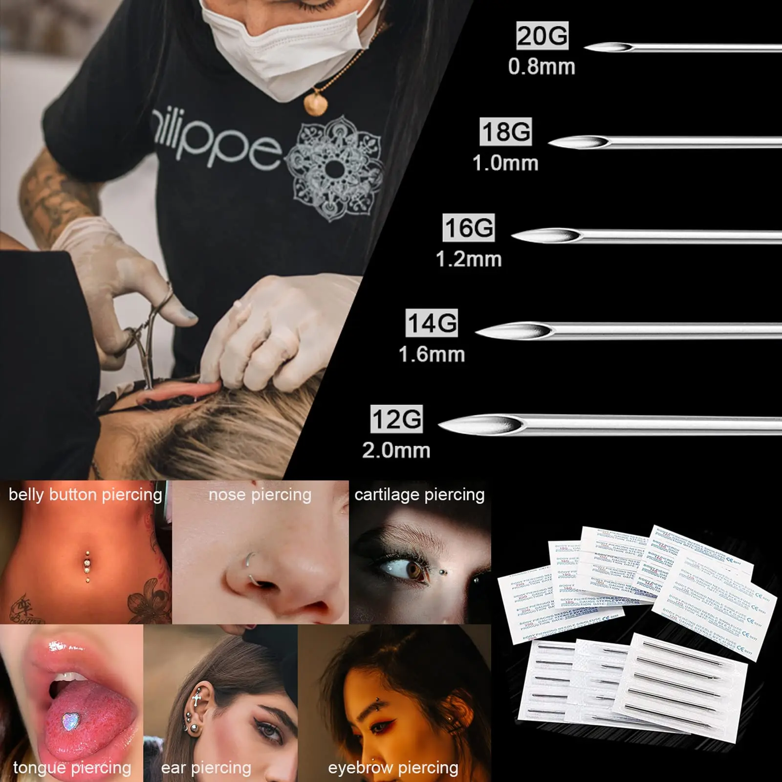 Aguja para Piercing corporal, piezas de acero quirúrgico desechable estéril para oreja, nariz, ombligo, pezón, labio, 6G, 8G, 12G, 13G, 14G, 15G,