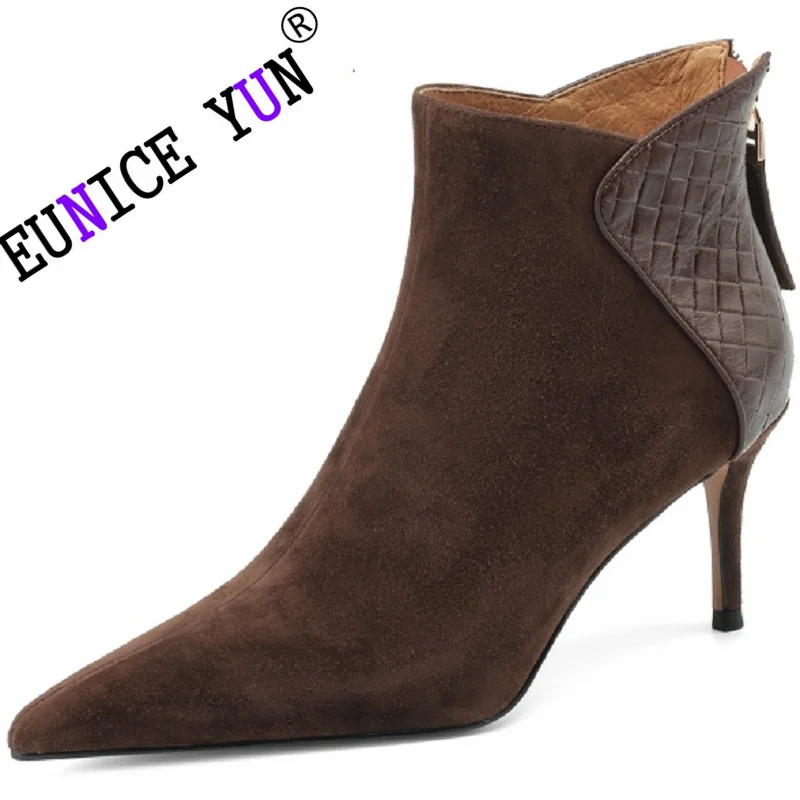 

【EUNICE YUN】Women Brand Genuine Leather Sheep Suede Ankle Boots Women Pointed Toe Solid High Heel Shoes Elegant Thin Heel Boots