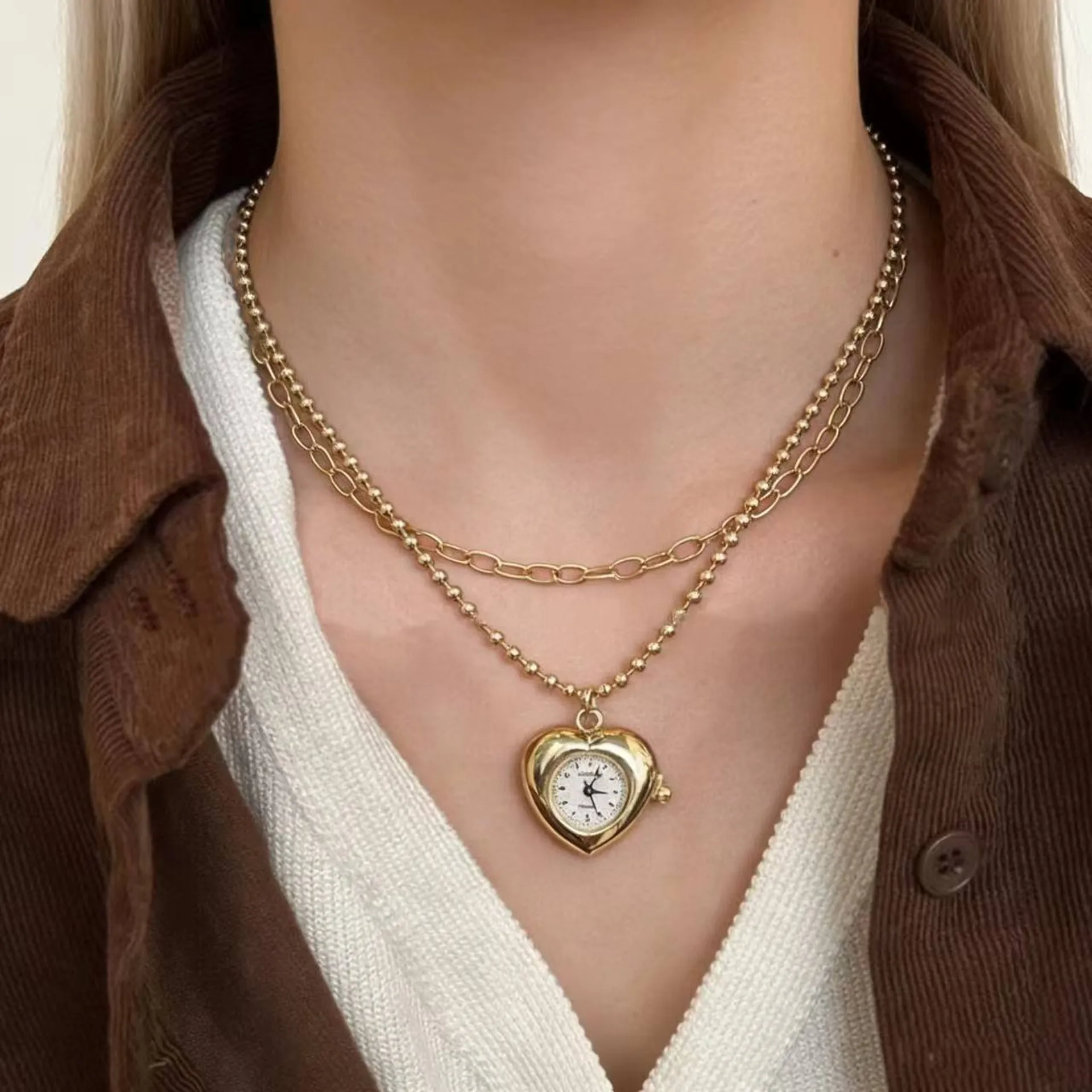 Korean Retro Heart Pocket Watch Pendant Necklace Commuting Fashion Collarbone Chain Light Luxury Exquisite Pendant Accessories