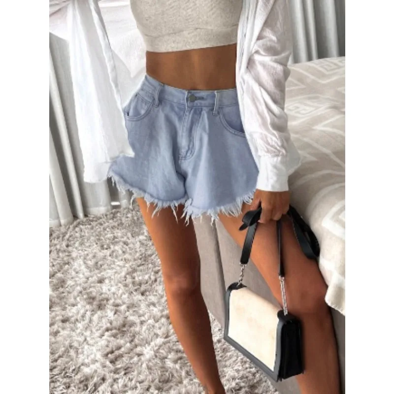 2025年秋新作 アンブレラデニムショートパンツ レディース ハイウエスト ブルー タッセル付き ジーンズ ブーツィーショーツ