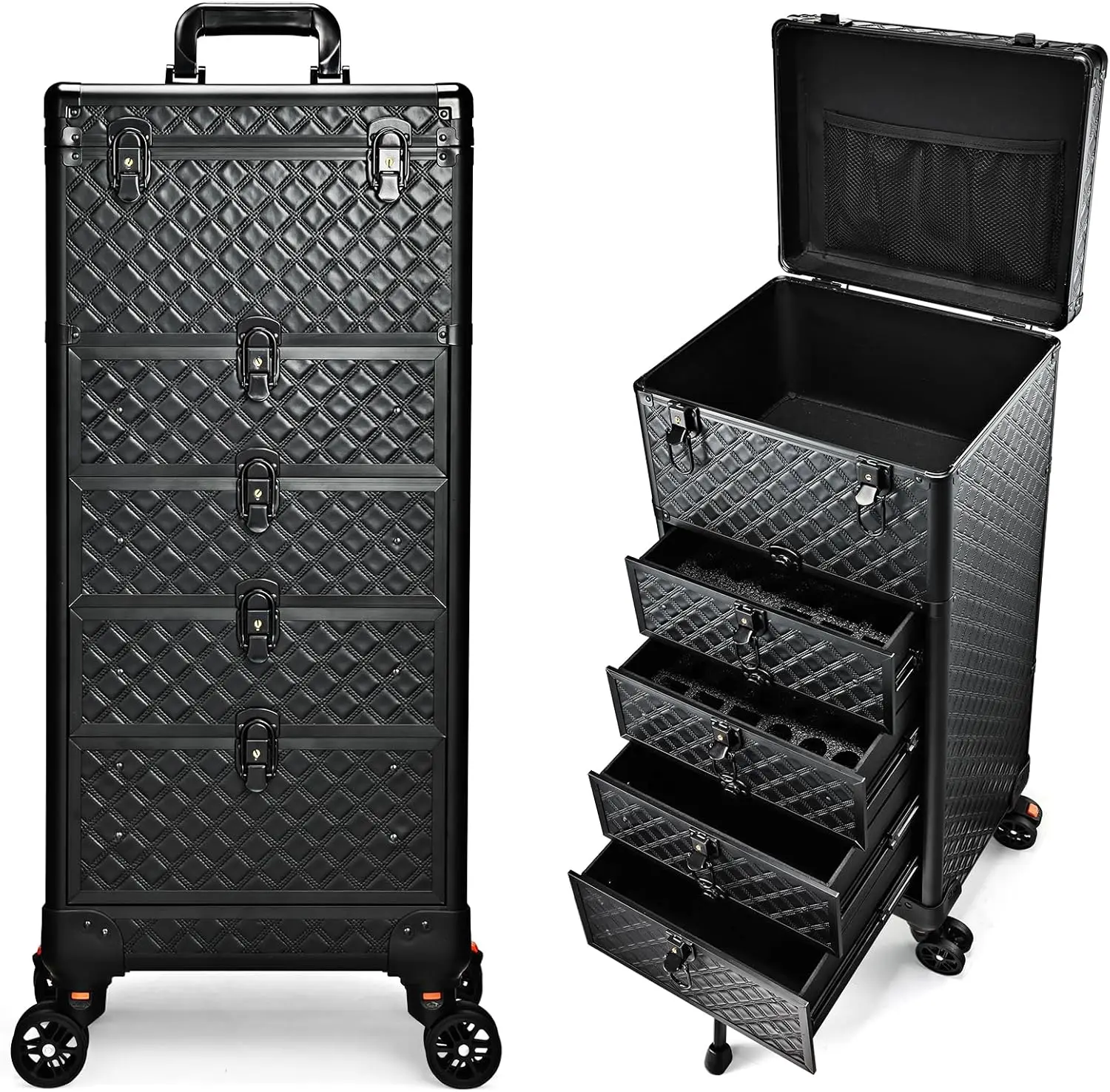 

Professional Salon Cart with 4 Drawers Large Capacity Rolling Makeup Train Case Durable Cosmetic Trolley Box Lockable Wheels