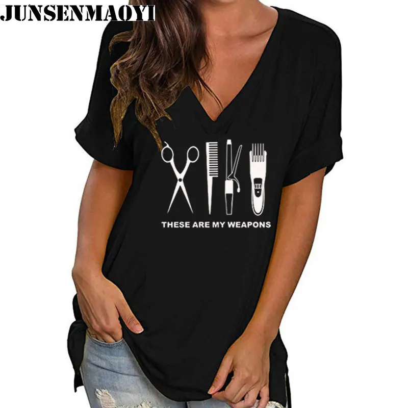 Koszulka damska 2022 z nadrukiem fryzjera w stylu hipster, T-shirt Harajuku, codzienna koszulka, bluzka z dekoltem w serek, bawełniana koszulka z krótkim rękawem