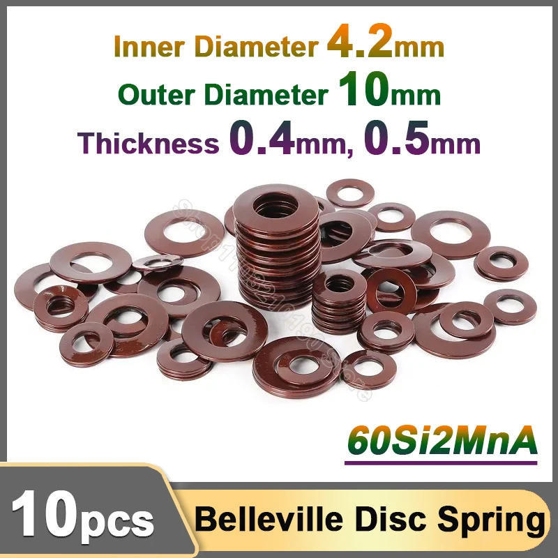 10Pcs Belleville Compression Spring Washer 60Si2MnA Disc Springs Shock Absorbers OD10mm ID 4.2mm Thickness 0.4mm  0.5mm