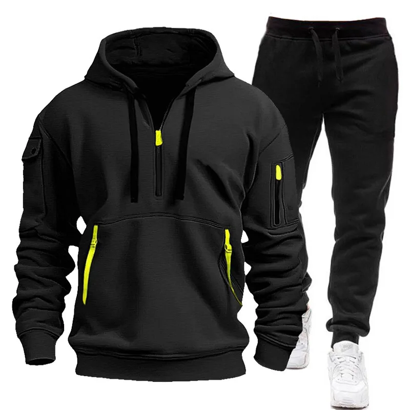 Men\'s sports suit, hooded sweatshirt and zippered sweatpants, multiple pockets, spring and autumn, 2024