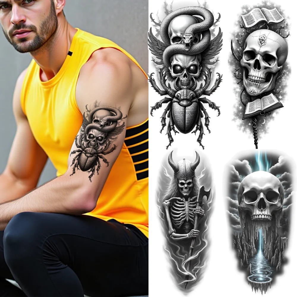 

3pcs Temporary Tattoo Skeletal Hand Realistic Temporary Tattoos Skull In Doorway Skull With Spider Black And Grey Realism For
