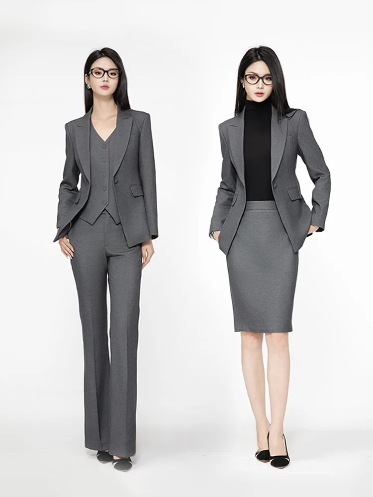 High-End Woolen Three-Piece Suit Set for Women Professional Business Coat And Pants Flared Leggings Ideal for Government Offi...