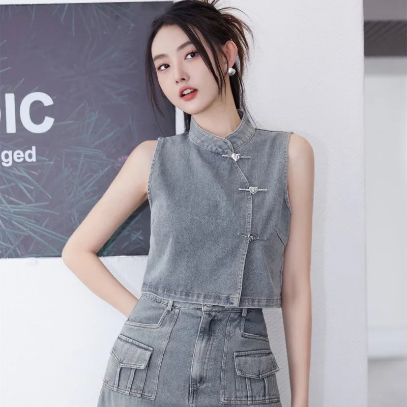 Denim Skirt Set Retro Chinese Style Buckle 2023 Summer Vintage Metal Buckle Stand Up Collar Short Denim Camisole Vest+Long Skirt