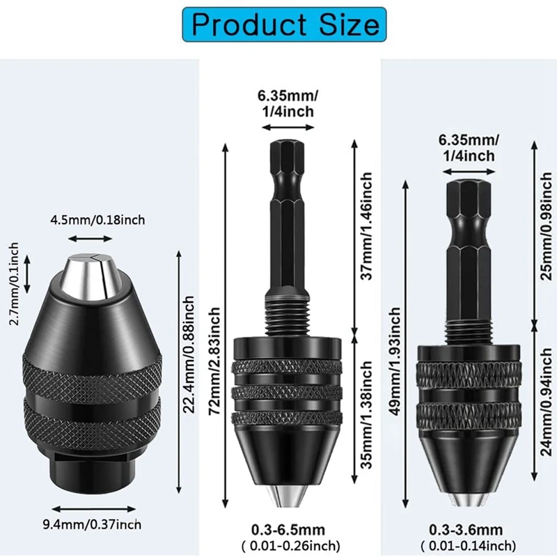 Drill Bit Adapter For Impact Driver,Keyless Chuck 2PCS 1/32 Inch To 1/8 Inch &1/4 Inch Hex Shank Keyless Drill Chuck