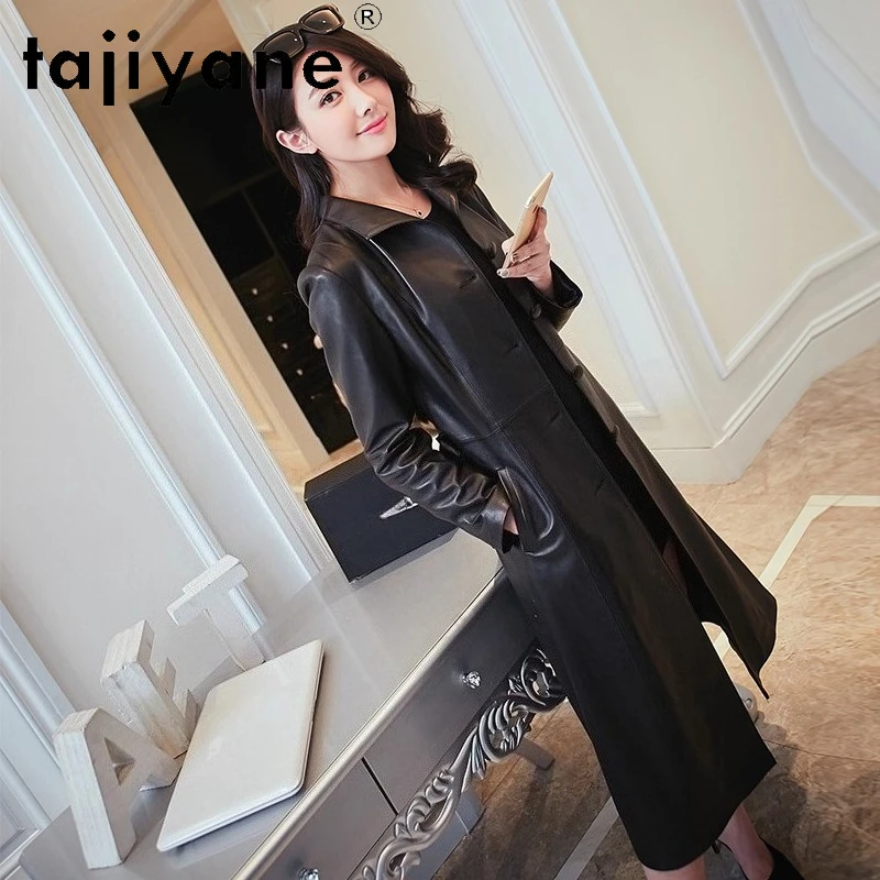 TAJIYANE 100% سترة جلد الغنم الحقيقي امرأة طويلة ضئيلة خندق معطف سترات من الجلد الحقيقي 2025 الخريف ملابس حريمي 가dechı켓 gio자