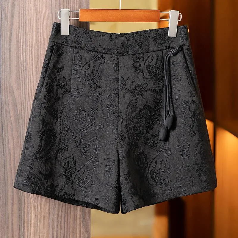 

Женские черные жаккардовые шорты с высокой талией, декоративным китайским узлом и широкими штанинами, повседневные