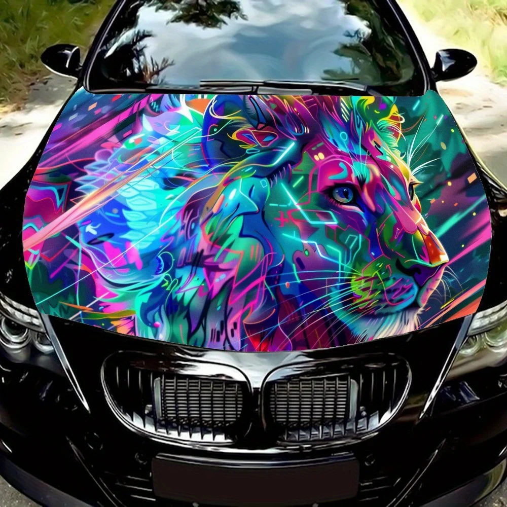 

Mighty Neon Technology Lion Car Hood Wrap Color Vinyl Sticker Truck Graphic Bonnet Auto Accessories Decor Protect Decal Gift