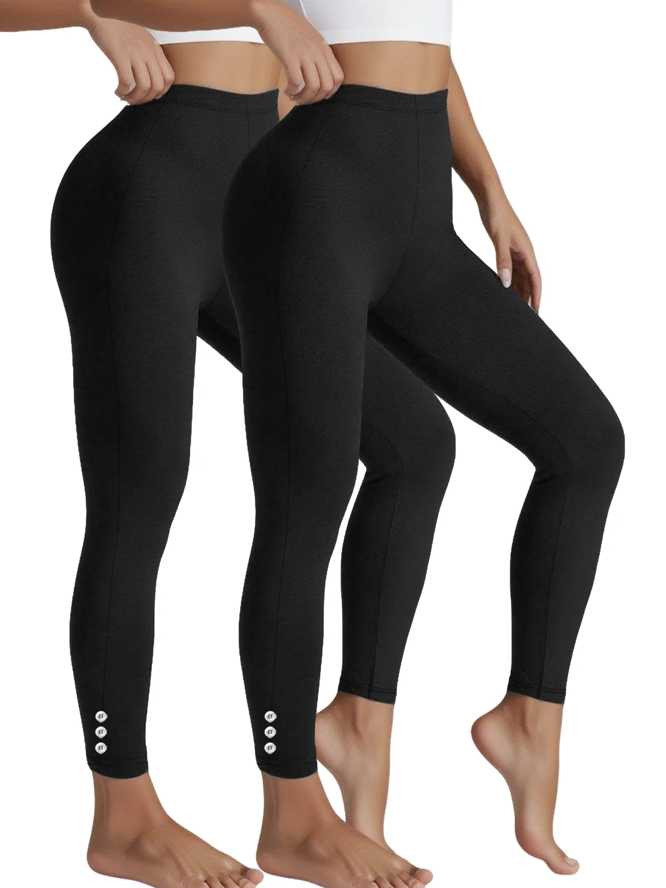 

2 Pack Women's Super Soft Leggings With Side Button Detail, High Stretch No SeeThrough Workout Running Yoga Athletic Capri
