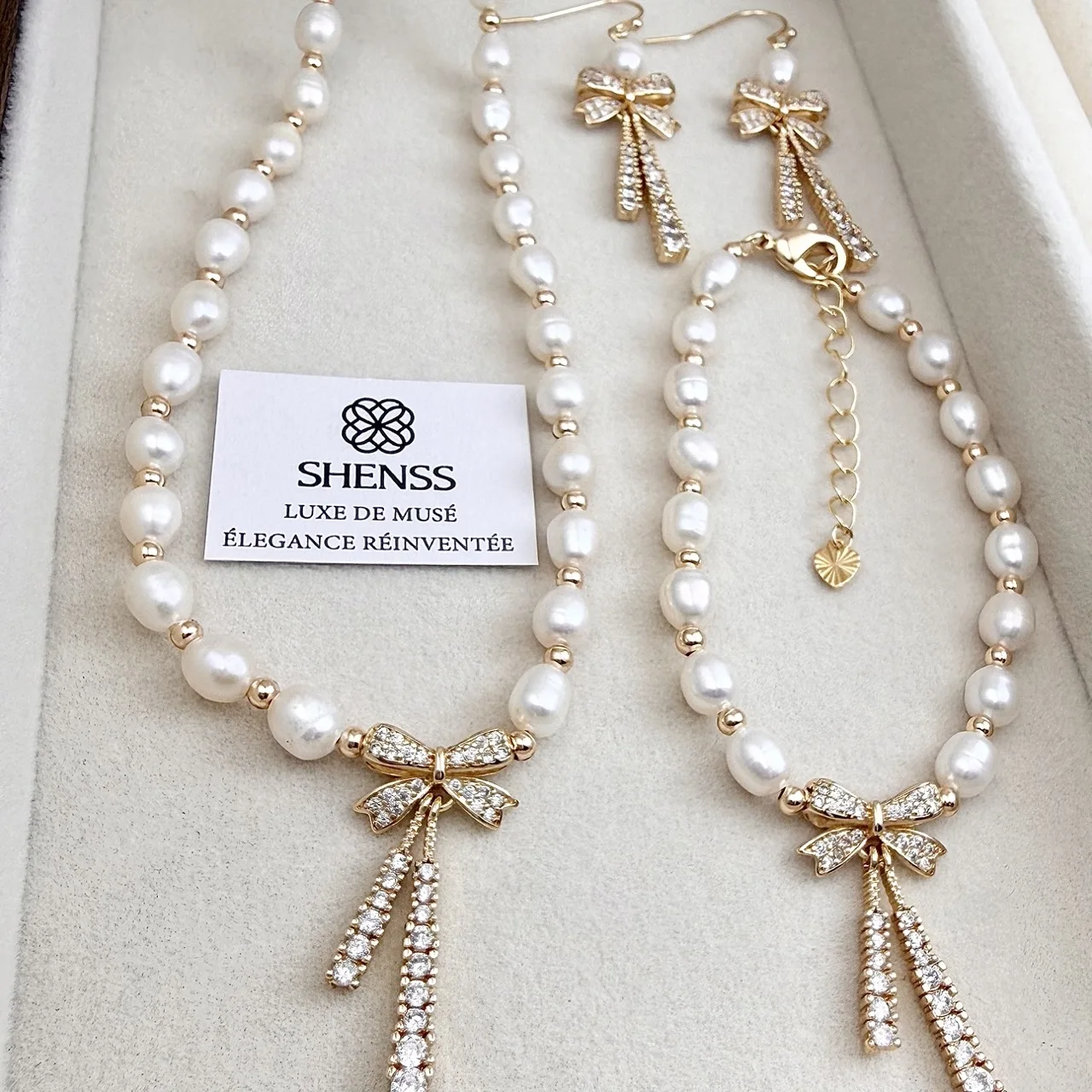 Natural Rice-Shaped Pearl Bowknot Necklace Bracelet Earrings Set Light Luxury Minimalist High-End Temperament Versatile Jewelry