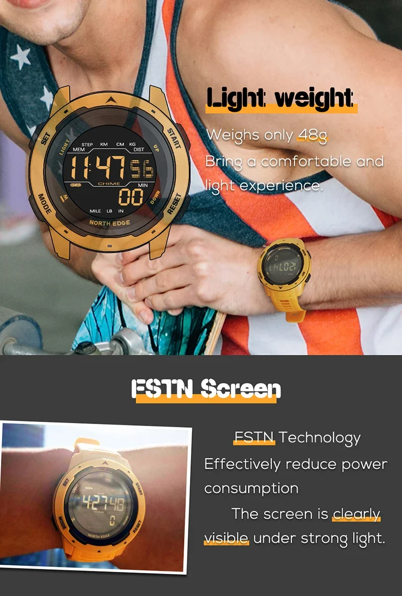 NORTH EDGE Mars reloj Digital para hombre, cronómetro deportivo militar, resistente al agua hasta 50M, podómetro, calorías, alarma por hora