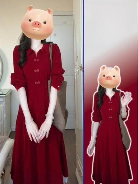 

Red V-Ne Button-Up Maxi Dr for plus Size Women New Chinese Sle Spring Faion Ele Long A-Line Skirt Dr