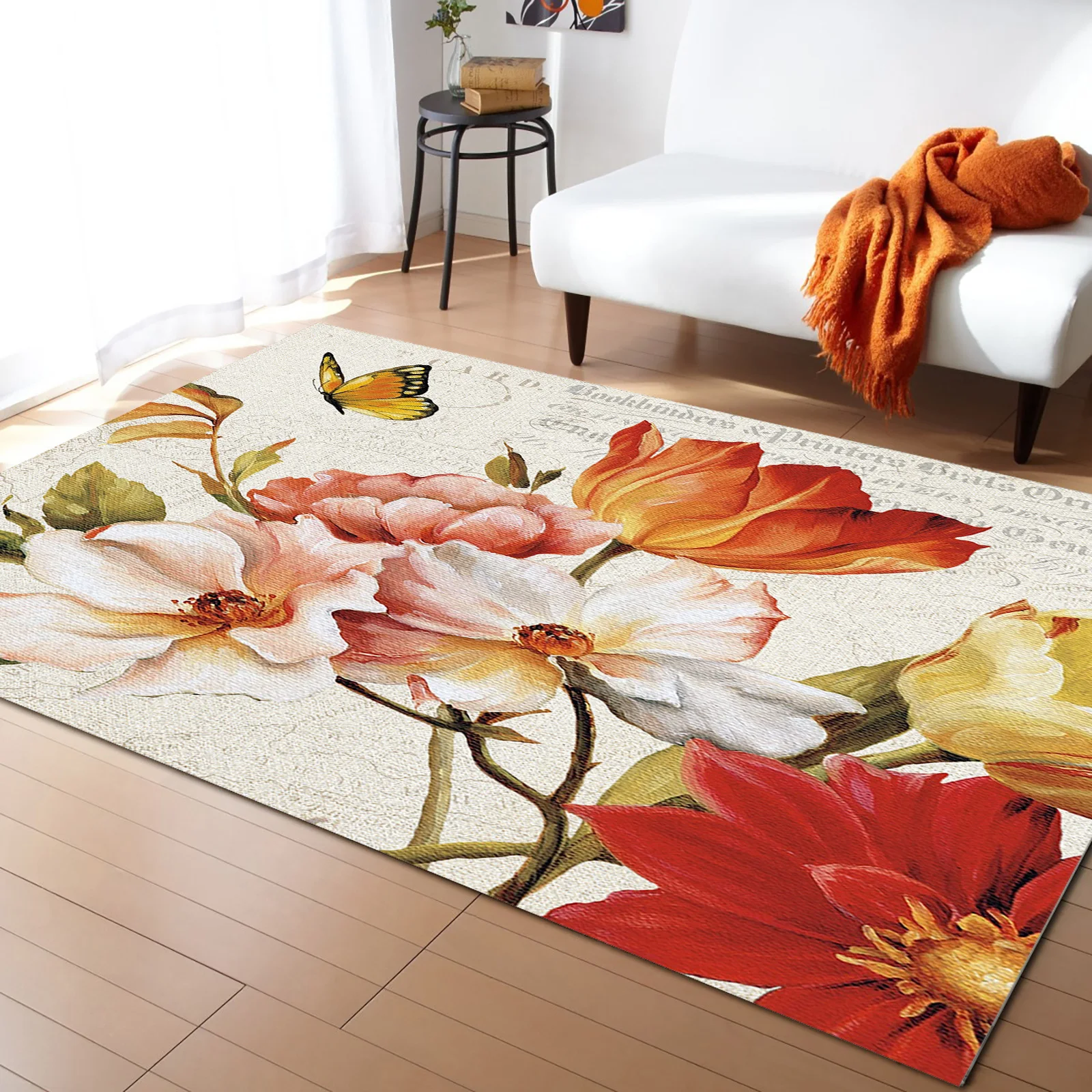 

Vintage Flowers Poppies Butterfly Carpet Area Rug Children's Room Living Room Bedroom Large Rug Home Play Decoration Floor Mat