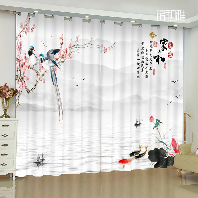 2 Panel Luxury Curtains Magnolia Flowers Koi Fish Bird Lucky Curtains for Bedroom Living Room Kitchen Window Blinds cortinas